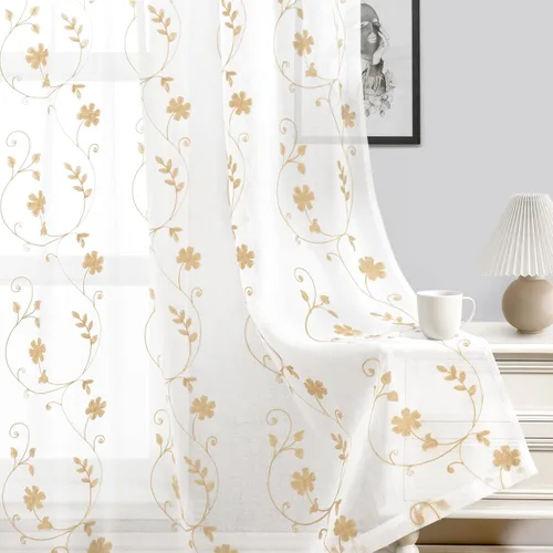 Vista 7 de HOMEIDEAS Cortinas traslúcidas amarillas de 84 pulgadas de largo, 2 paneles de cortinas bordadas con patrón floral amarillo y blanco, cortinas