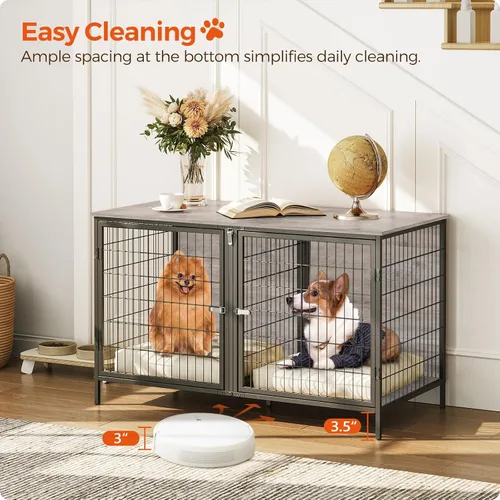 Vista 8 de MAHANCRIS Mueble de jaula para perros para 2 perros, perrera de 43.3 pulgadas con divisor extraíble, muebles para perros resistentes y resistentes