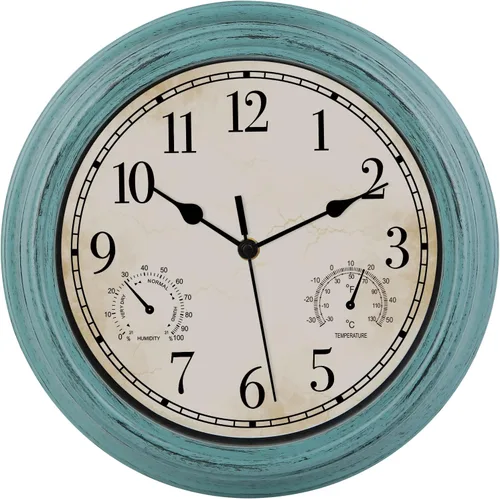 Vista 10 de Reloj de pared retro impermeable de 12 pulgadas para interiores y exteriores, con termómetro e higrómetro, funciona con pilas, reloj de pared
