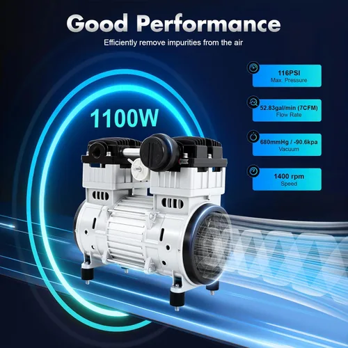 Vista 2 de Bomba de vacío sin aceite de 1100 W, cabezal de compresor de aire silencioso 7CFM para uso industrial, compresor de aire sin aceite de 110 V, bomba