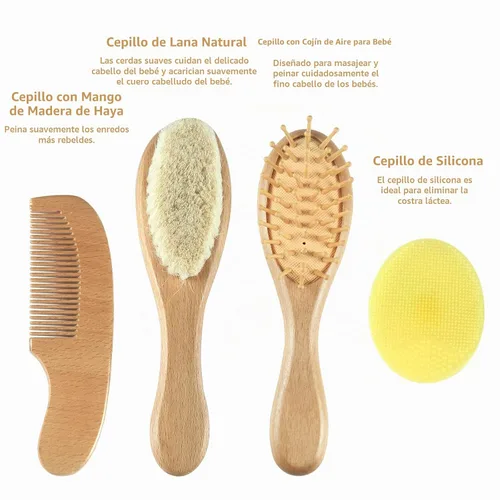 Vista 2 de Elfzone - Juego de cepillo y peine para bebé, 4 cepillos de madera para el pelo del bebé, juego de cepillos para bebé, cepillo para bolsa de aire