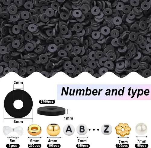 Vista 3 de 4500pcs Black Clay Beads Kit for Bracelet Making Including 6mm Flat Polymer Clay Heishi Beads and Gold Bead Pearls Spacers Letter Beads for Jewelry