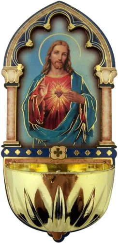 Vista 3 de Religious Gifts - Fuente de agua bendita multidimensional de madera cortada con láser en relieve Divine Mercy Gold, 5 pulgadas