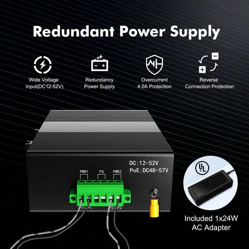 Vista 4 de MokerLink Conmutador de red industrial de riel DIN de 5 puertos, 4 Gigabit Ethernet, 1 SFP, capacidad de conmutación de 14 Gbps, clasificación IP40