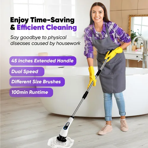 Vista 3 de Limpiador eléctrico giratorio inalámbrico, potente cepillo de limpieza de baño con mango largo, 2 velocidades, 3000 mAh recargable, 7 cabezales