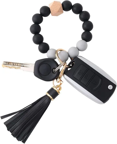 BAOSIWA Pulsera de cuentas de silicona con llavero de pulsera para mujer con borla de cuero