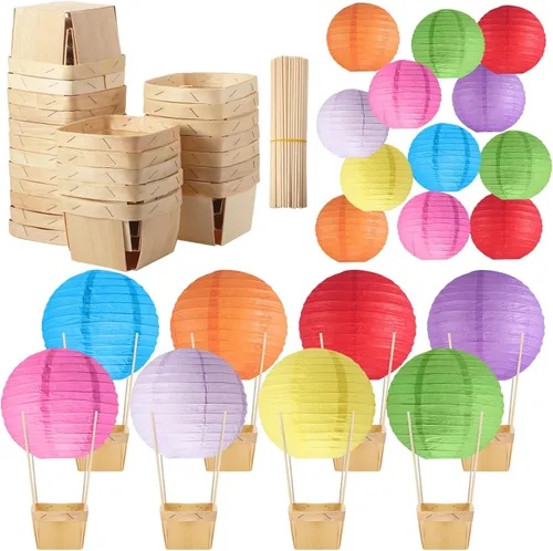Vista 11 de Namalu Juego de 24 centros de mesa de globo de aire caliente, faroles de papel, cajas de madera para dulces con palos, manualidades para baby Serie