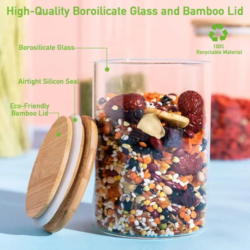 Vista 4 de Paquete de 4 tarros de almacenamiento de vidrio con tapa hermética de bambú, recipientes de cocina de vidrio de 27 onzas, recipiente transparente