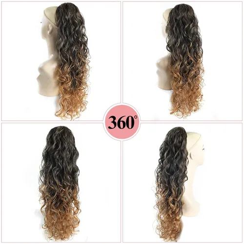 Vista 2 de Extensiones de cabello ombré 1B/27, cola de caballo para mujeres negras, extensiones de cola de caballo largas onduladas con cordón, extensiones