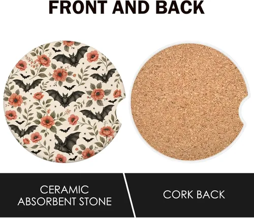Vista 3 de Bats Car Coasters for Cup Holders Set of 2 Floral Absorbent Ceramic Cup Coaster 2.63" Non-Slip Cork Base Drink Coasters with Finger Notch Car