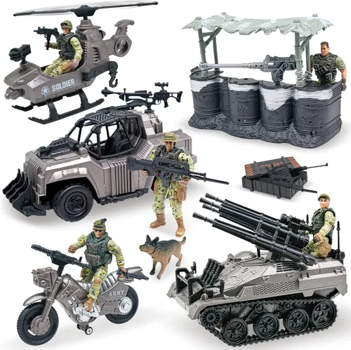 MISTBUY Figuras de acción de hombres del ejército estadounidense con juego de juguetes de vehículos militares, soldados de juguete con camiones