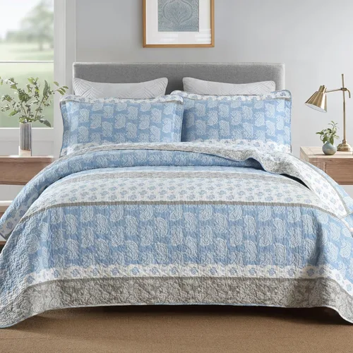 Vista 13 de Juego de edredón de algodón tamaño King, juego de ropa de cama verde y gris, colcha a rayas, juego de edredón ligero de verano de 3 piezas