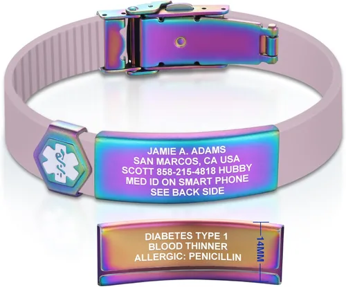 Vista 239 de Divoti Pulsera de identificación de alerta médica grabada personalizada, grabado láser de doble cara, pulsera de silicona, cierre de seguridad