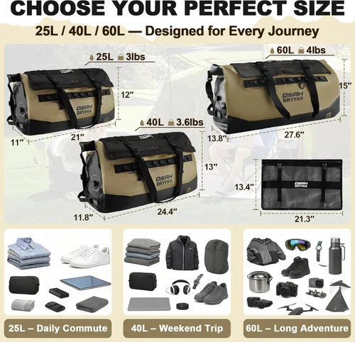 Vista 2 de OSAH DRYPAK Bolsa de lona impermeable 25L/40L/60L – Bolsa trasera de motocicleta resistente, bolsa seca enrollable para viajes, camping, canotaje