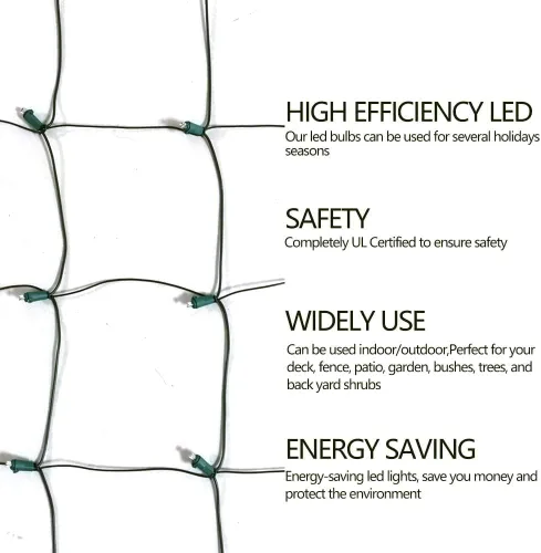 Vista 6 de HISHINY Red de luces LED de Navidad para exteriores, 5 x 5 pies, 100 luces LED de cable verde, conectables para interiores y exteriores, cadena