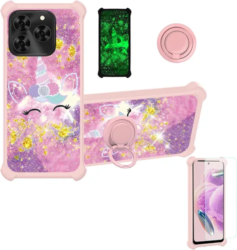 Vista 107 de jioeuinly Funda compatible con Oukitel P1 Pro con protector de pantalla de vidrio templado, policarbonato duro + silicona suave, soporte de anillo