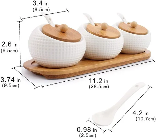 Vista 5 de Recipiente de especias de porcelana para condimentos con tapas, soporte de tapa de bambú, cuchara de servir de cerámica, bandeja de madera, la mejor