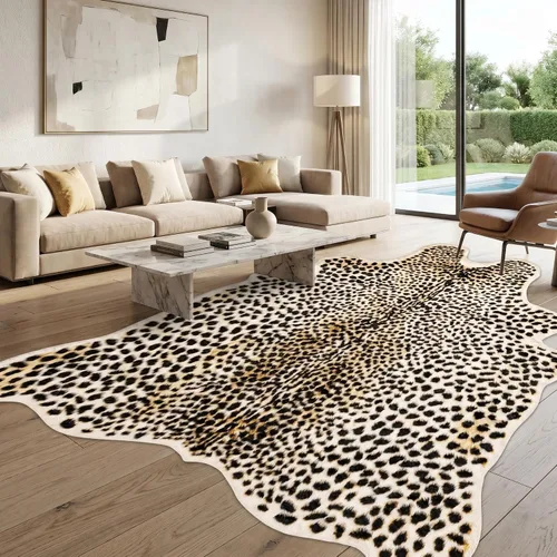 Cheetah Print Rug, Leopard Area Rugs 4.6x5.8 ft Faux Fur Animal Printed Skin Hide Mats Cheetah Carpet Machine Washable for Bedroom Living Room Rustic