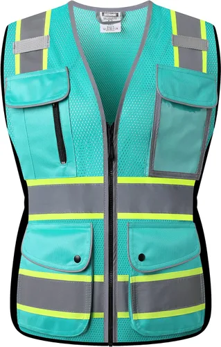 Vista 5 de Chaleco de seguridad reflectante para mujer, chaleco de malla de alta visibilidad con 8 bolsillos y cremallera frontal, chaleco de alta visibilidad