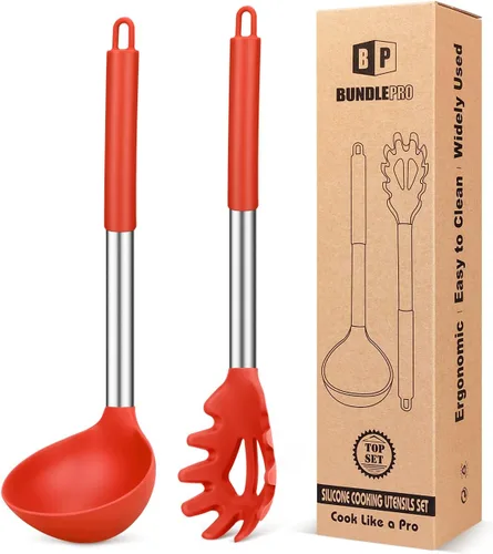 Vista 9 de Set de tenedor de pasta y cucharón de silicona, utensilios de cocina grandes antiadherentes para cocinar, remover, servir espaguetis, sopa, salsa