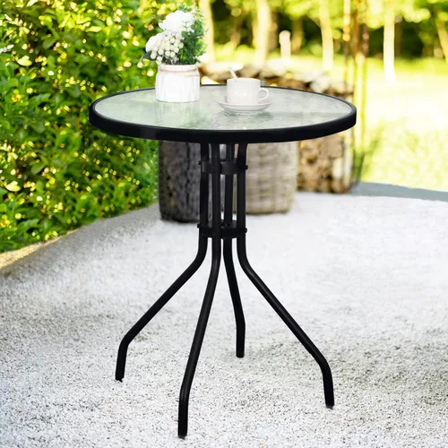 DIMAR GARDEN Mesa auxiliar redonda de metal para exteriores, de 24 pulgadas, con parte superior de cristal, color negro