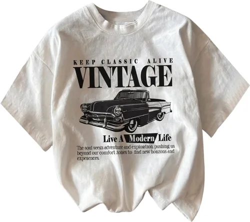 RoseSeek - Camiseta con estampado gráfico de letras y automóvil vintage para mujer, con cuello redondo y hombros caídos, moderna, de manga corta
