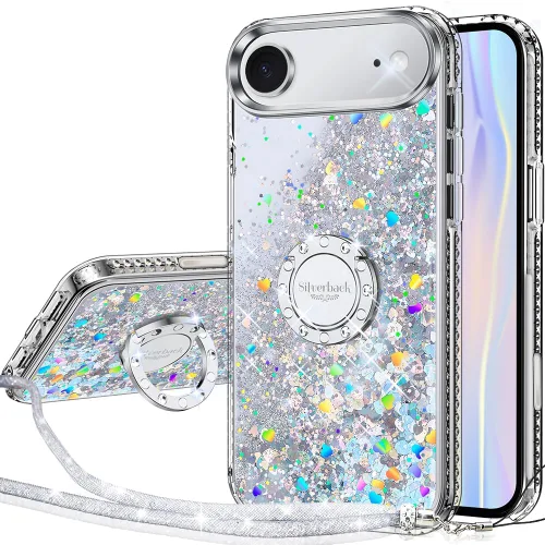 Vista 45 de Silverback Funda para iPhone 15, funda con purpurina holográfica líquida en movimiento con soporte, para niñas y mujeres, funda protectora