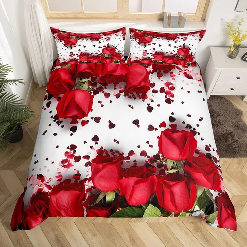 Vista 7 de Feelyou Juego de ropa de cama de rosas rojas de lujo, funda de edredón floral de rosas para niños, adolescentes, niñas, mujeres, funda de edredón