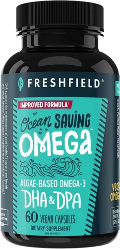 Freshfield Omega 3, Suplementos de DHA, Fórmula potente 1 por día, Aceite de algas (algas), Omega vegano, aceite de pescado para ahorro de océano de Freshfield Naturals