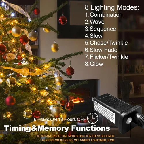 Vista 6 de Luces de árbol de Navidad, 400 luces LED de Navidad para árbol, 6.6 pies x 16 cadena, 8 modos de iluminación, luz de árbol de hadas con memoria