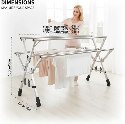 Vista 7 de This Stainless Steel Extendable Foldable Clothes Rack, Telescopic Garment Rack with Wheels, Collapsible Laundry Drying Rack for Multiple Outfits