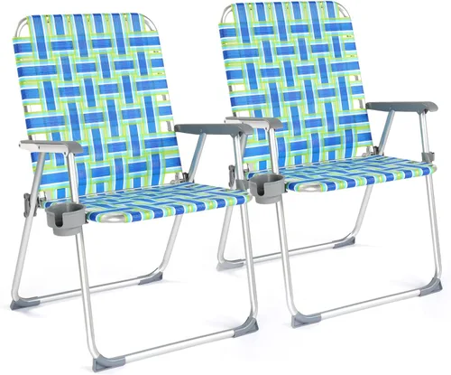 Vista 12 de VINGLI Juego de 2 sillas plegables de aluminio de gran tamaño para patio con portavasos desmontable, silla de playa con tejido de red, silla