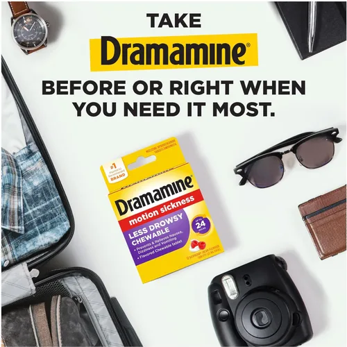 Vista 3 de Dramamine para reducir el mareo, masticables para el alivio de las náuseas durante el viaje, sabor a crema de frambuesa, 12