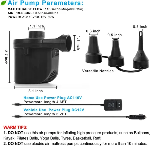 Vista 5 de Newpol Bomba de cama inflable, bomba de aire eléctrica (100 galones/minuto) para camas de colchón de aire, piscinas inflables, anillo de natación