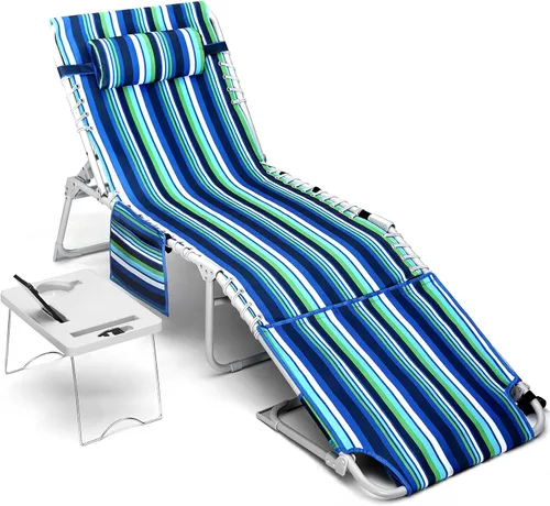Silla de playa 3 en 1 con agujeros para la cara, silla de descanso al aire libre con mesa auxiliar plegable, reclinable de 5 posiciones, colocar en
