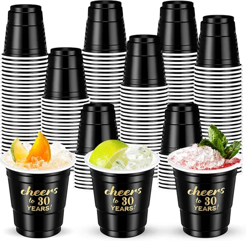 100 vasos desechables de plástico de 2 onzas con texto en inglés "Cheers to 30", 40, 50, 60, 70 años, vasos de plástico desechables para cumpleaños,