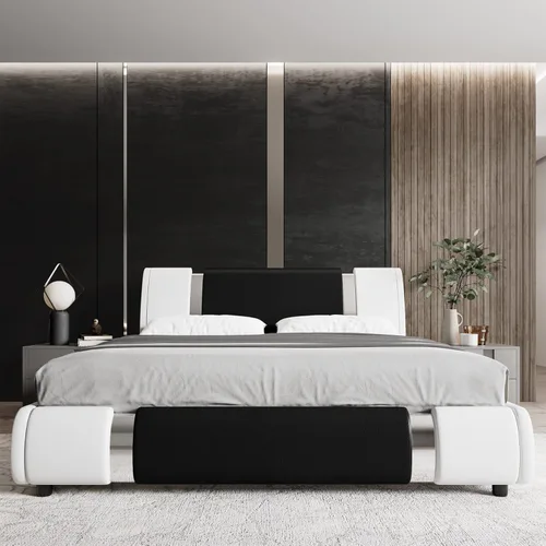 Vista 3 de TTVIEW Base de cama tapizada de piel sintética moderna con decoración de metal de hierro cabecera curvada ajustable soporte de listones de madera