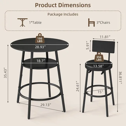 Vista 2 de Juego de mesa redonda de bar de 4 piezas de 28.9 pulgadas, juego de 3 taburetes de bar, mesa de bar de cocina negra, mesa de desayuno