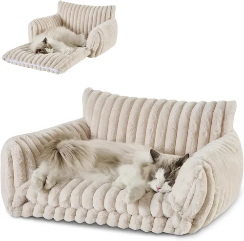 Vista 34 de Hollypet Cama para gatos, mullida, multifuncional, de doble capa, suave para mascotas, sofá ortopédico para gatos y perros pequeños, color beige