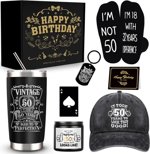 JTAMOHI Regalos de cumpleaños número 50 para hombres, caja única con vaso de 20 onzas, vela perfumada, calcetines, gorra de béisbol para marido