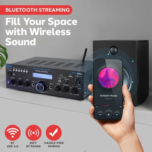 Vista 2 de Pyle Sistema de amplificador de potencia Bluetooth inalámbrico: receptor estéreo de audio de sonido de doble canal de 200 W con USB, SD, AUX