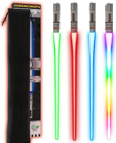 LIGHTSABER CHOPSTICKS LIGHT UP STAR LED WARS Glowing Light Saber Chop Sticks REUSABLE Sushi Lightup Sabers Removable Handle Dishwasher Safe 8 Color