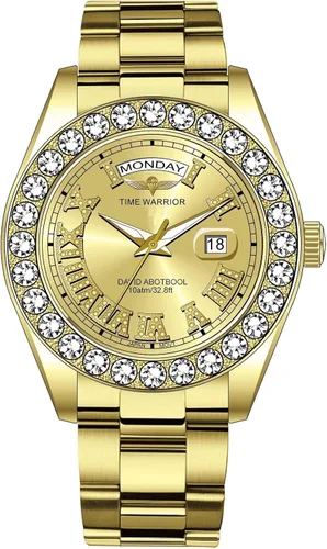 TIME WARRIOR DA Royalty - Reloj de diamante chapado en oro de 18 quilates, marca de movimiento de cuarzo japonés, reloj de lujo con fecha de día