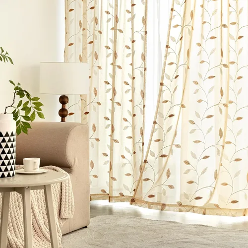 Vista 3 de MIULEE Cortinas traslúcidas beige 2 paneles bordados con estampado de hojas, bolsillo para barra, floral, semitransparentes, de lino sintético