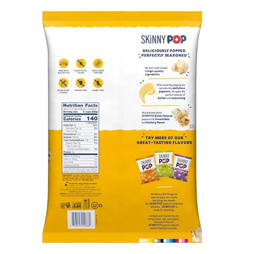 Vista 2 de SkinnyPop Palomitas de maíz, sabor mantequilla, hechas con mantequilla real, bocadillo de grano entero, bolsa de 4.4 onzas