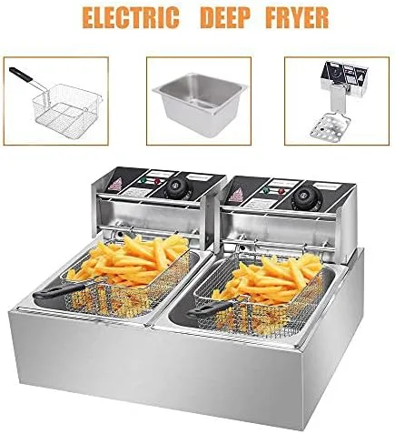 Vista 4 de Freidora comercial con canasta, 3400 W, freidora eléctrica de acero inoxidable para encimera, 12.7 cuartos de galón 12 L, gran capacidad para uso