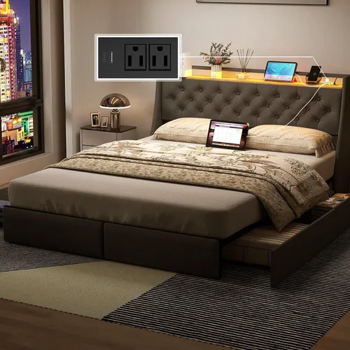 Vista 8 de Base de cama Queen con 4 cajones de almacenamiento y luces LED, plataforma tapizada tamaño Queen con estación de carga, soporte de listones