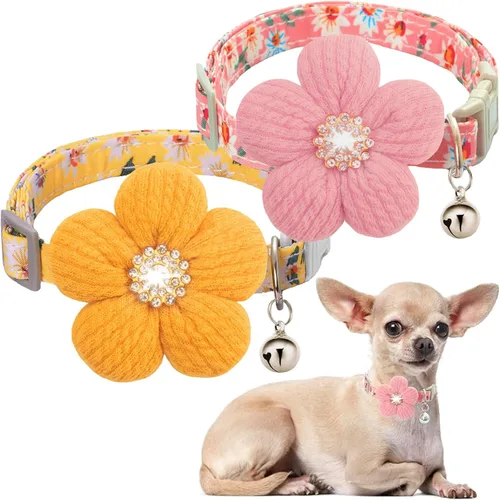 Vista 10 de Collar de perro pequeño con flor, collar de cachorro para perros hembras para perros pequeños, lindo collar de perro con campana, longitud ajustable