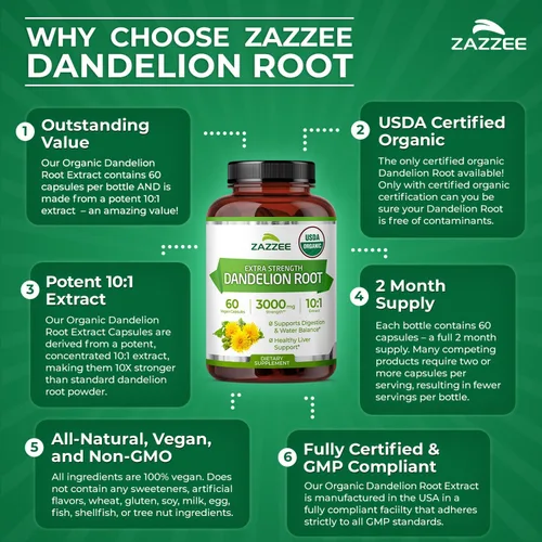 Vista 7 de Zazzee USDA Extracto Orgánico de Raíz de Diente de León 10:1, Concentración de 3000 mg, 60 Cápsulas, Suministro para 2 Meses, Extracto Estandarizado