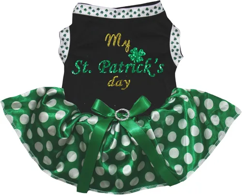 Petitebella My St Patty's Day Shirt - Camiseta con tutú de lunares verdes para cachorros (tréboles negros/verdes, XS)